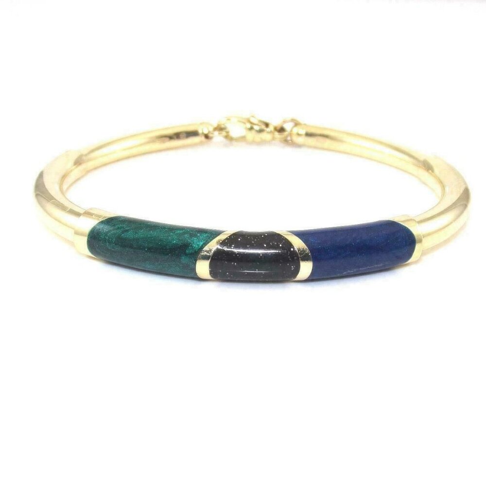 14K Yellow Gold Bracelet Italy Multi Color Green Blue Black Enamel